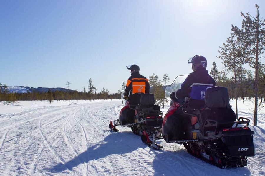Levi: Snowmobile Safari to the Levi Nature - Two adults per snowmobile: driver switching and how families share the cold